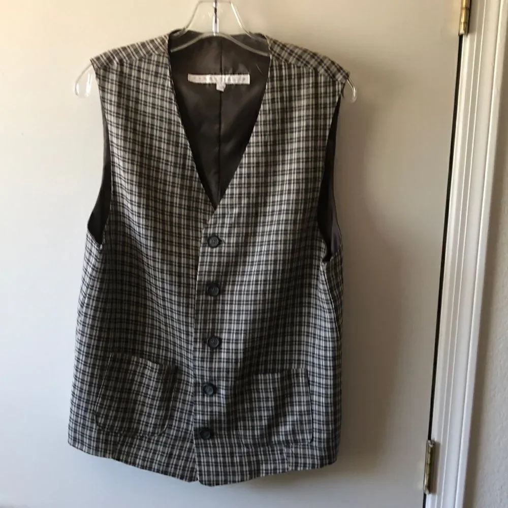 Perry Ellis Vest Linen Blend Size L Tan plaid GUC